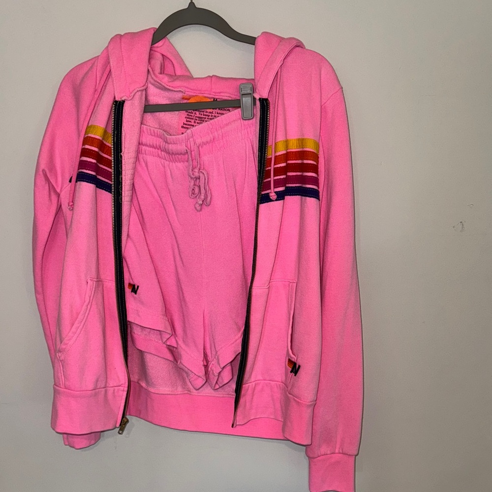 Aviator Nation Pink Hoodie Jacket with Rainbow Stripes & Pink Shorts Sz M - Picture 4 of 7